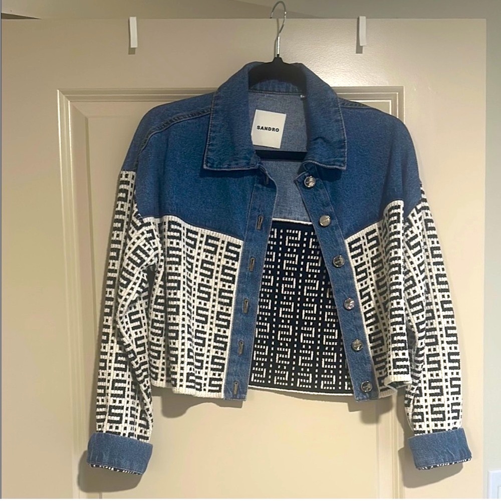 Sandro Women's Blue and White Patterned Jean Jacket - Picture 2 of 6